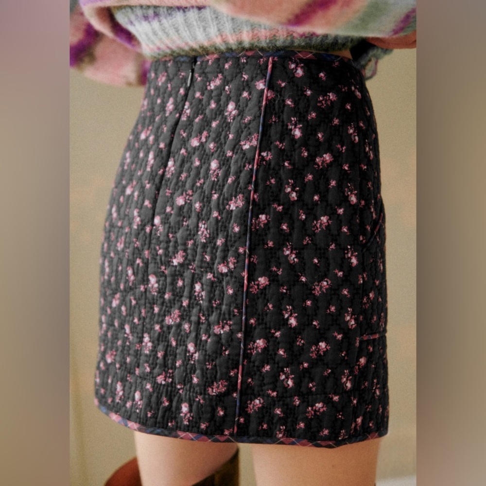 Sezane Black Quilted Mini Skirt with Pink Floral Print